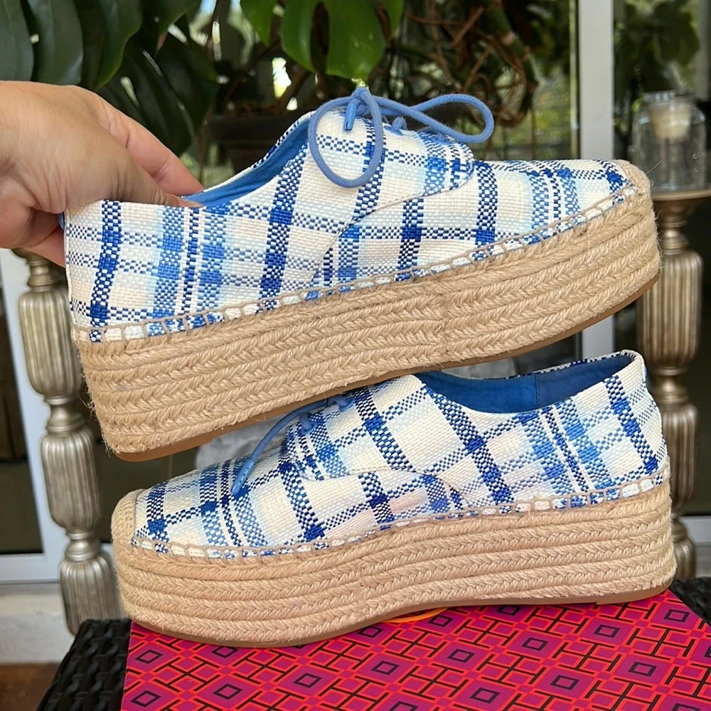 TORY BURCH Florence plaid platform espadrilles shoes size 9,5